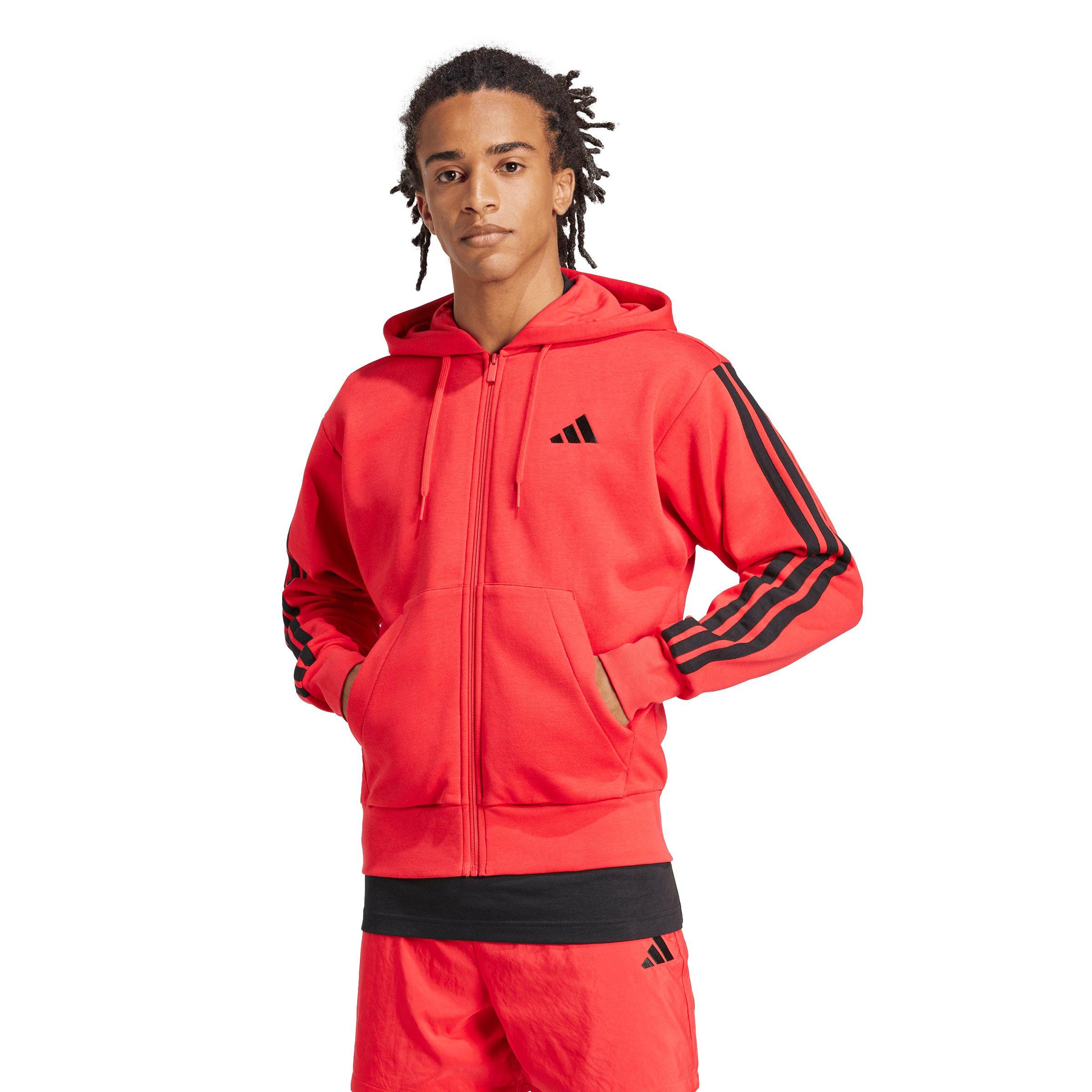 adidas Men's Essentials 3-Stripes Fleece Full-Zip Hooded Jacket - Red/Black - RED/BLACK